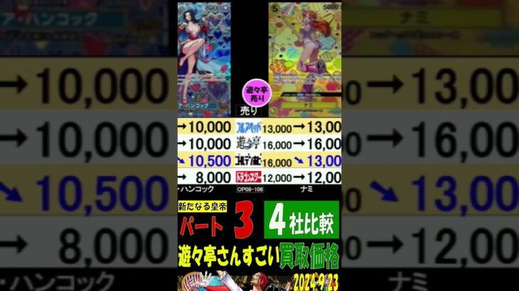 9/23 ③／３ 発売3週間後 4社比較 遊々亭さんすごい 新たなる皇帝 販売買取価格 ワンピカード