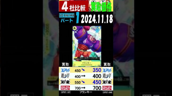 11/18 比較4社 ①/3 500年後の未来 買取価格 ワンピカード 王族の血統 新弾発売２週間前