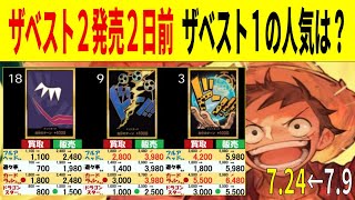 7/24←7/9 ザベスト1 新弾発売2日前 4社比較 ワンピースカードザベスト2 プレミアムブースター 販売買取価格 ワンピースカード ワンピカード 相場 新弾